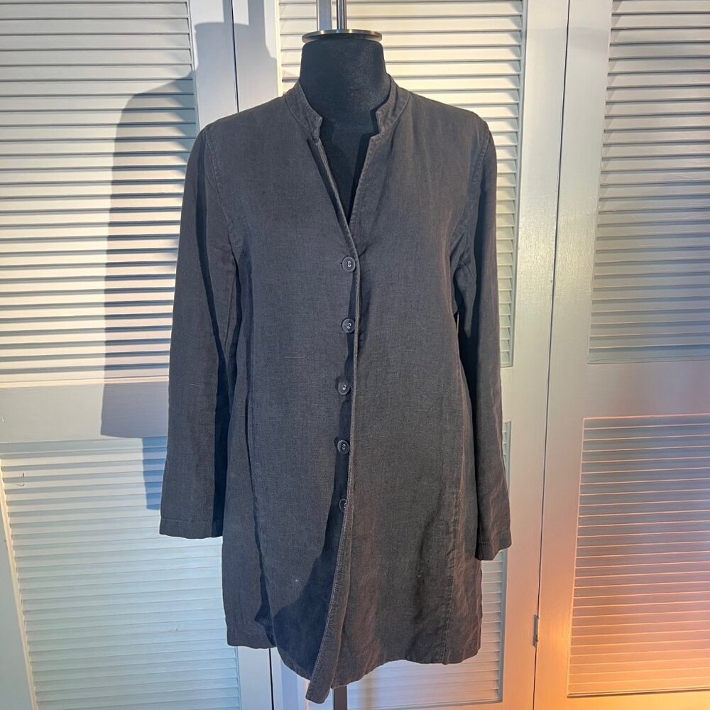 Eileen Fisher Black Linen Long Button-Front Jacket – Size S